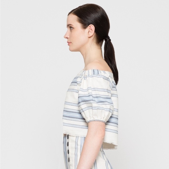 Lemlem Halima Crop Top Striped Off The Shoulder Linen/Cotton Off White/Blue SZ M - Picture 7 of 16